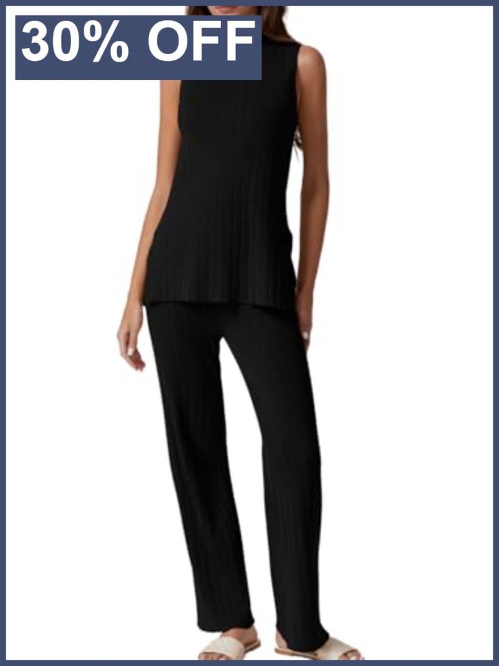 QINSEN Ribbed Knit Lounge Set Sleeveless Vented Top Wide Leg Pants